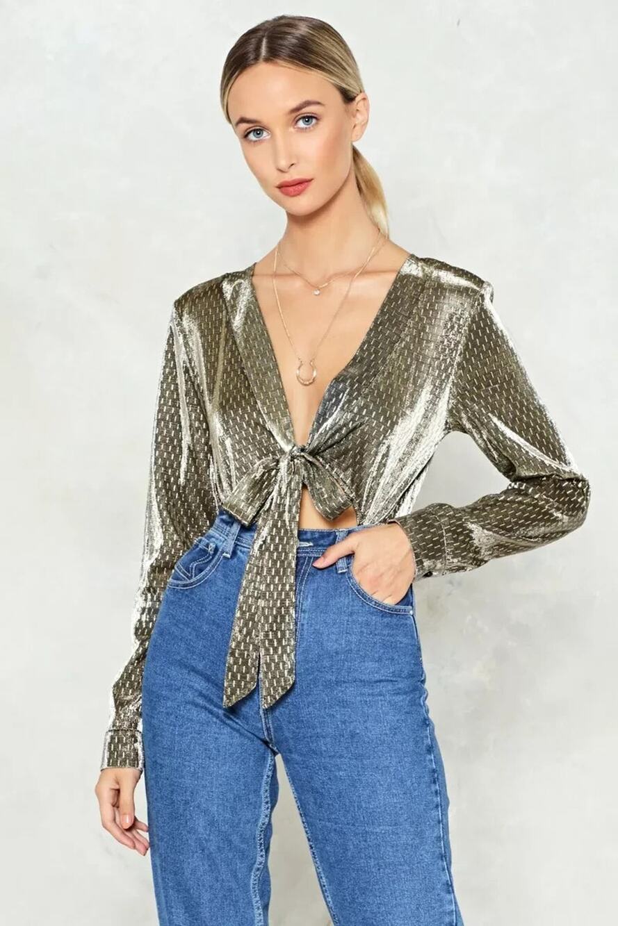 Nasty Gal New With Tag Hot Knot Metallic Bodysuit Tie Front Gold Size 8 Glam